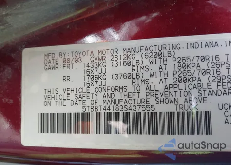 2003 Toyota Tundra Sr5 V8 z USA, uszkodzony, nr VIN 5TBBT44183S437555